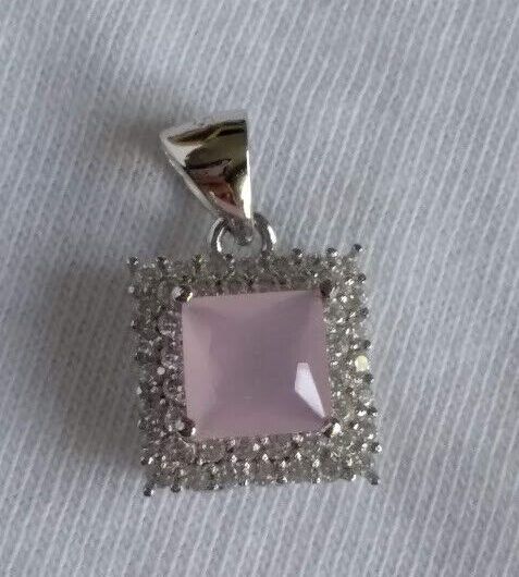 Colgante cuadrado piedra rosa en Plata de Ley rodiada 925 Nuevo