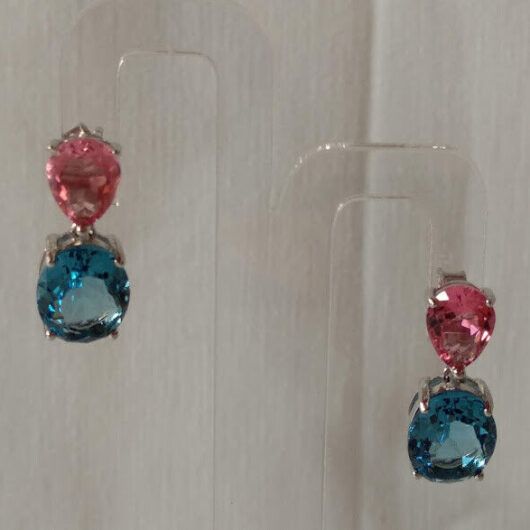 Pendientes Plata de Ley rodiada largos color rosa y azul Presión Nuevos