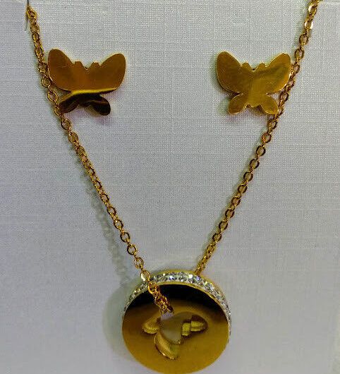 Conjunto de acero mujer pendientes y collar dorados  forma mariposa hipoalergico