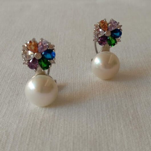 Pendientes Plata de Ley con perla de cultivo y piedras multicolor Omega Nuevos