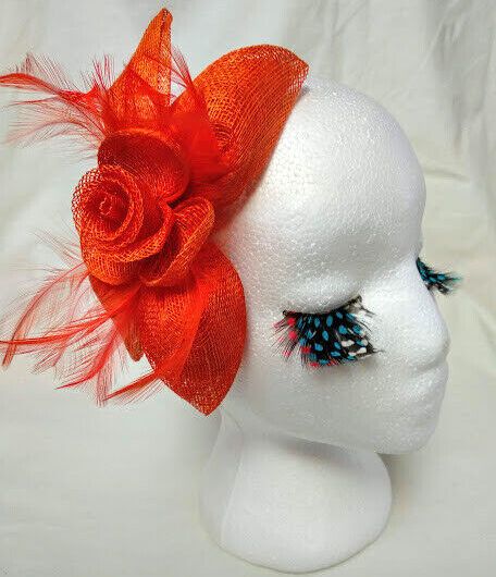 Tocado diadema para ceremonia mujer combinado rafia y plumas color naranja