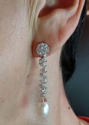 Pendientes Vintage Plata de Ley largos con circonitas y perla presión Nuevos