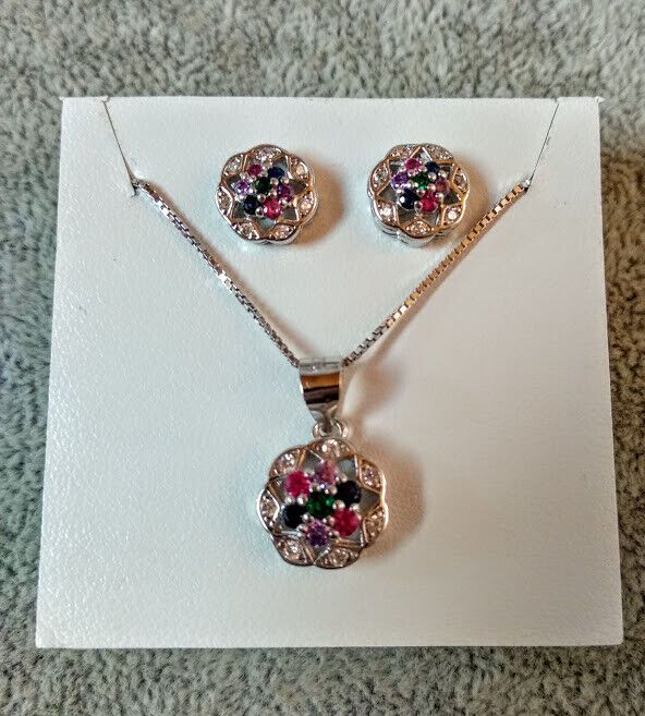 Pendientes y gargantilla con piedras Plata de Ley Rodiada presión Nuevos (106)