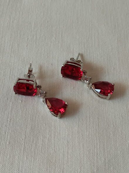 Pendientes Plata de Ley rodiada largos color rojo Presión Nuevos - Imagen 6