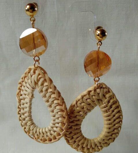 Pendientes de ratan tejido largo mujer modelo cristal nuevo con etiquetas
