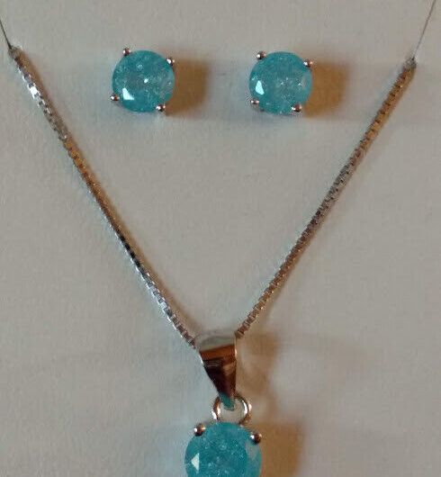 Pendientes y gargantilla con zafiro claro Plata de Ley presión Nuevos (106)