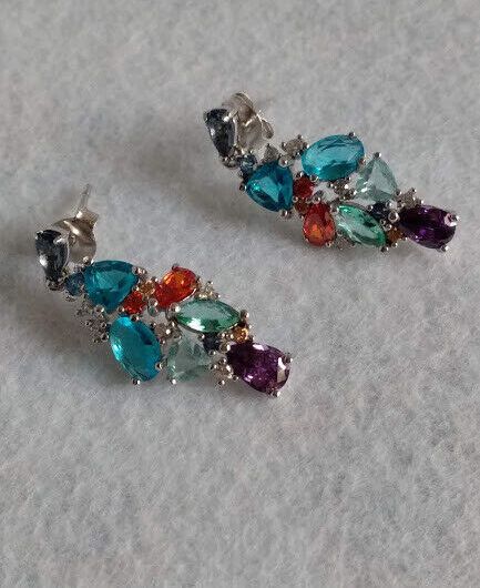 Pendientes Plata de Ley con piedras multicolor presion Nuevos