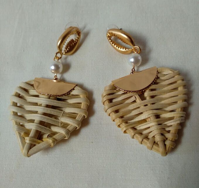 Pendientes de ratan tejido largo mujer modelo corazon nuevo con etiquetas - Imagen 3