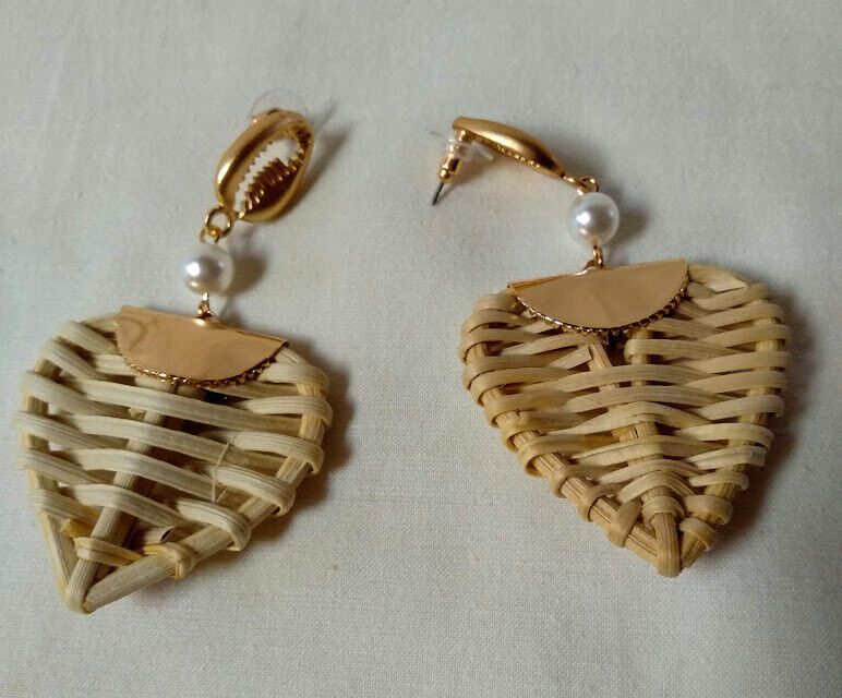 Pendientes de ratan tejido largo mujer modelo corazon nuevo con etiquetas - Imagen 4