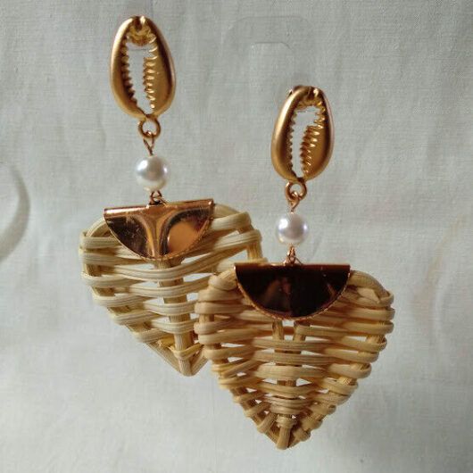 Pendientes de ratan tejido largo mujer modelo corazon nuevo con etiquetas