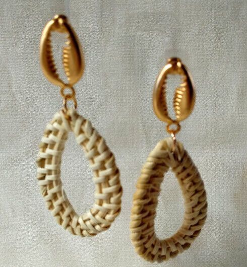 Pendientes de ratan tejido largo mujer modelo ovalado nuevo con etiquetas