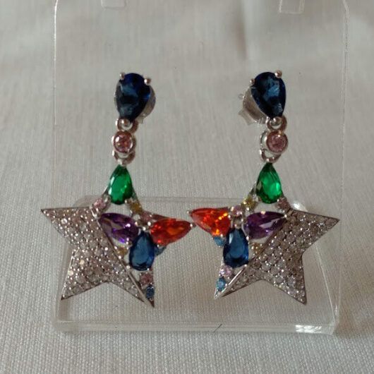 Pendientes Plata de Ley rodiada largos estrella piedras Presión Nuevos