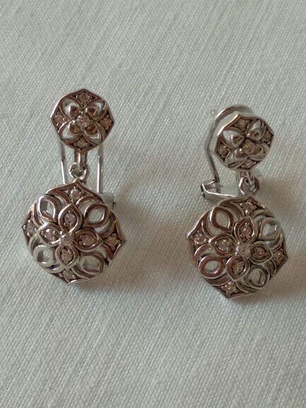 Pendientes tipo Vintage Plata de Ley largos con circonitas Omega Nuevos