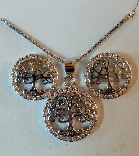 Pendientes y gargantilla Árbol de la vida Plata de Ley Rodiada  Nuevos (106)