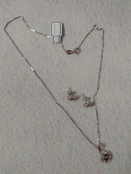 Pendientes y gargantilla en Plata de Ley flor con piedras multicolor Nuevos - Imagen 3