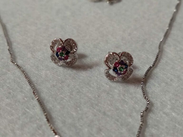 Pendientes y gargantilla en Plata de Ley flor con piedras multicolor Nuevos - Imagen 5