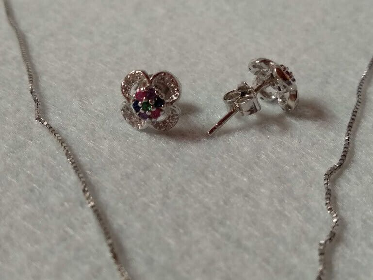 Pendientes y gargantilla en Plata de Ley flor con piedras multicolor Nuevos - Imagen 6