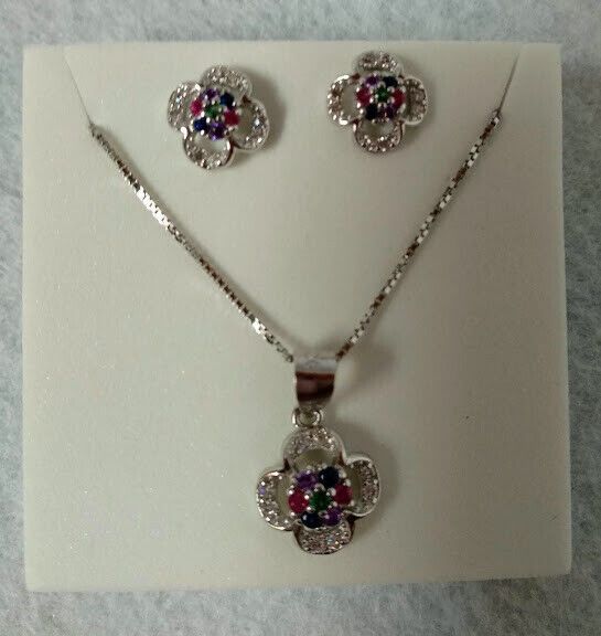 Pendientes y gargantilla en Plata de Ley flor con piedras multicolor Nuevos