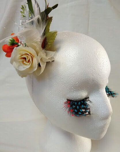 Tocado broche mujer flores tela combinando colores  blanco y naranja Nuevo