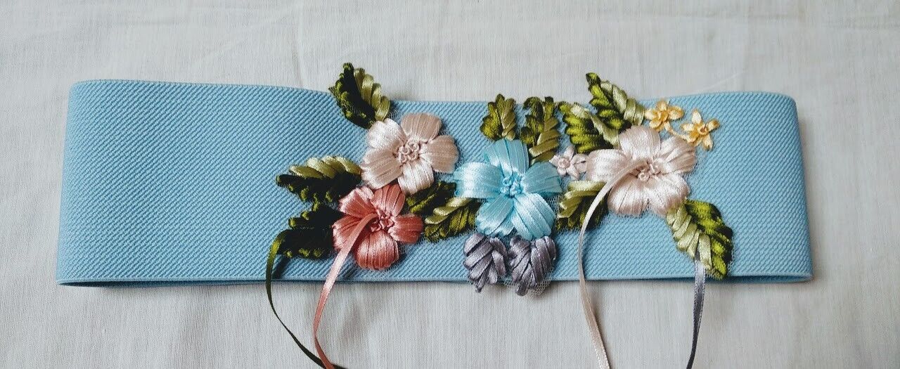 Cinturón mujer elástico boho con bordados raso color azul Nuevo
